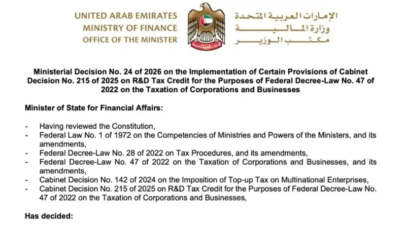 Ministerial Decision No. 24 of 2026 UAE R&D Tax Credit Implementation Rules Explained